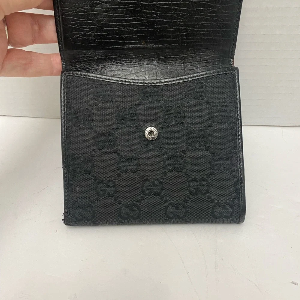 Gucci Black GG Monogram Wallet with Silver Horsebit Ring Clasp